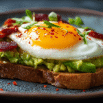 Spiegelei Avocado Toast mit Chili Bacon frisch angerichtet