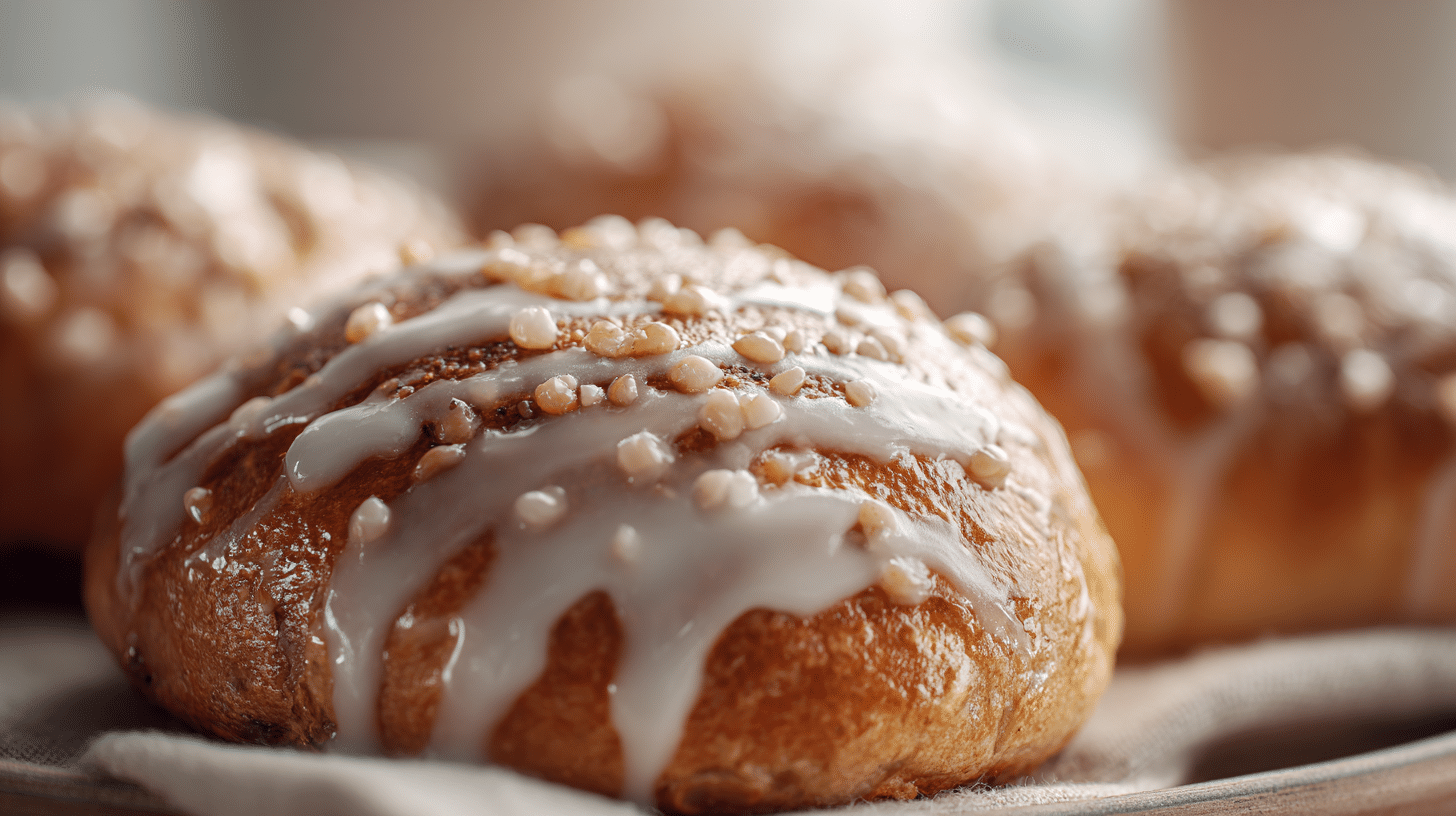 Air Fryer Schoko Rosinenbrötchen mit Vanille Glasur frisch glasiert