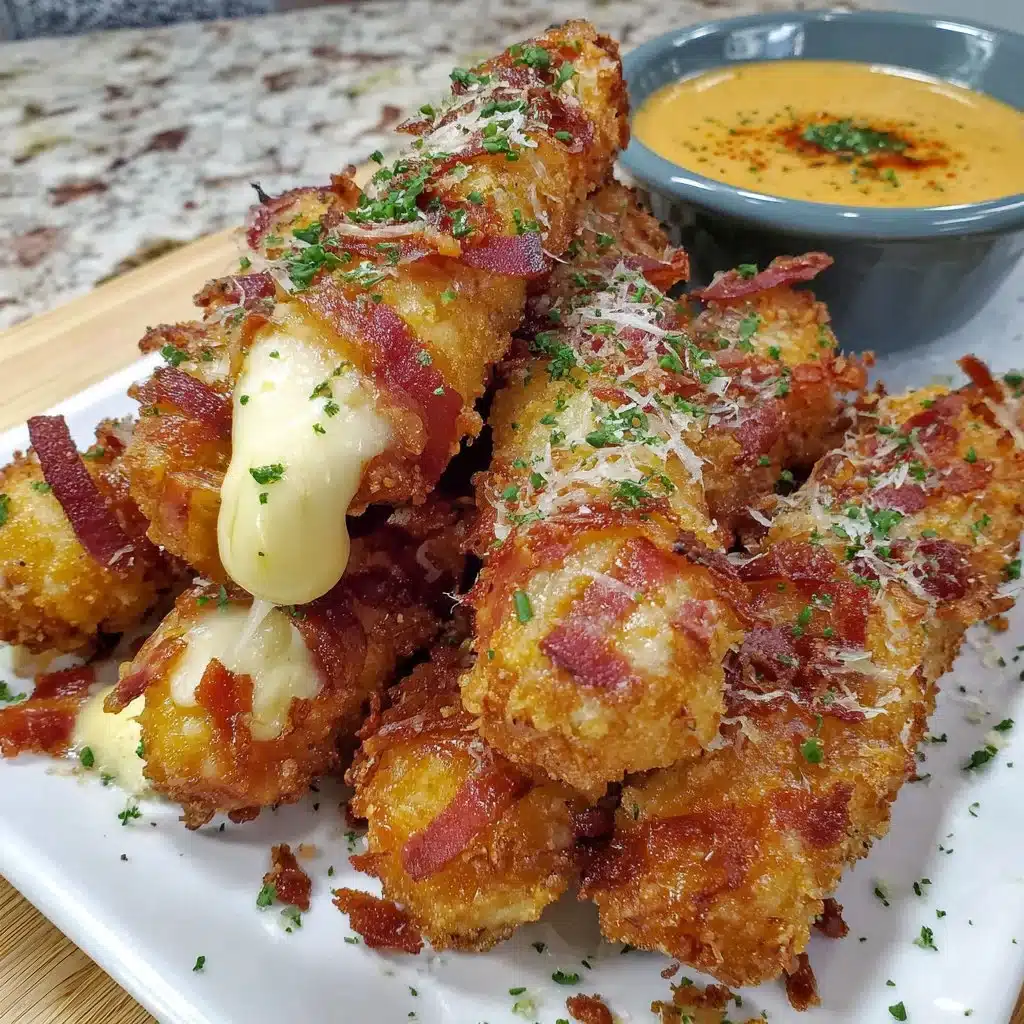 Bacon-Mozzarella-Stäbchen frisch zubereitet auf einem Teller