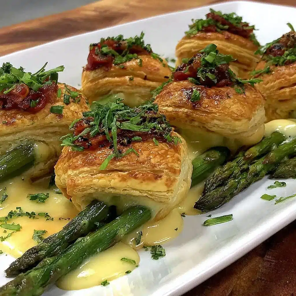 Blätterteig-Häppchen mit grünem Spargel und Schinken auf einem Teller