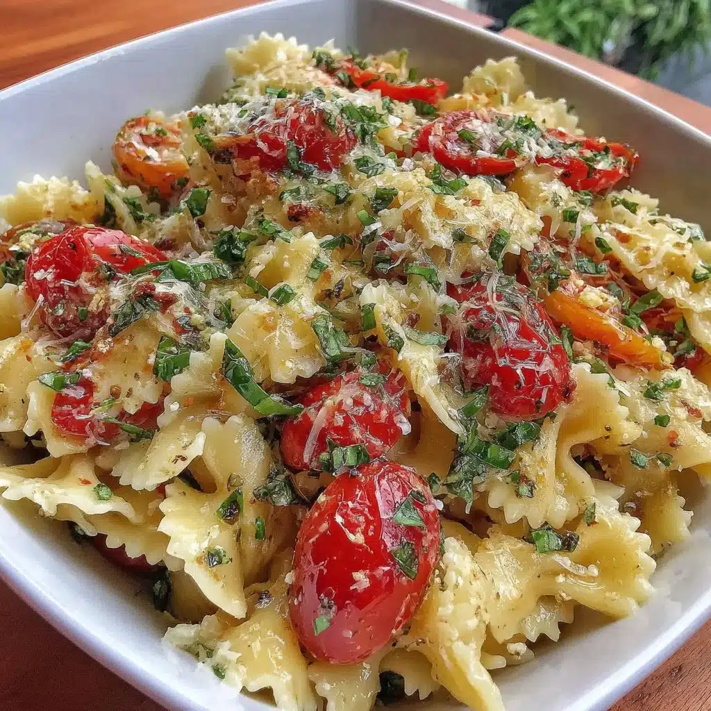 Vibranter Caprese-Pasta-Salat mit frischen ingredients.