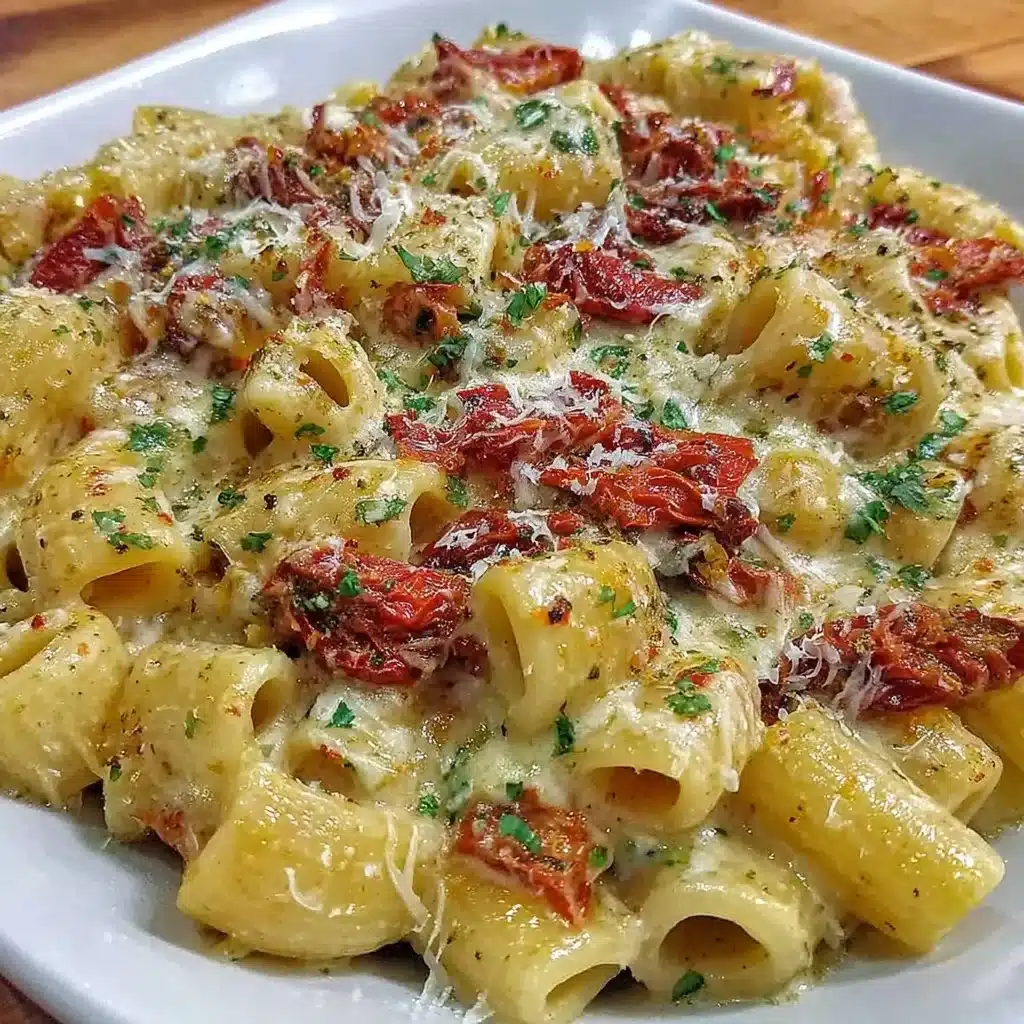 Cremige vegane Pasta mit sonnengetrockneten Tomaten auf einem Teller serviert
