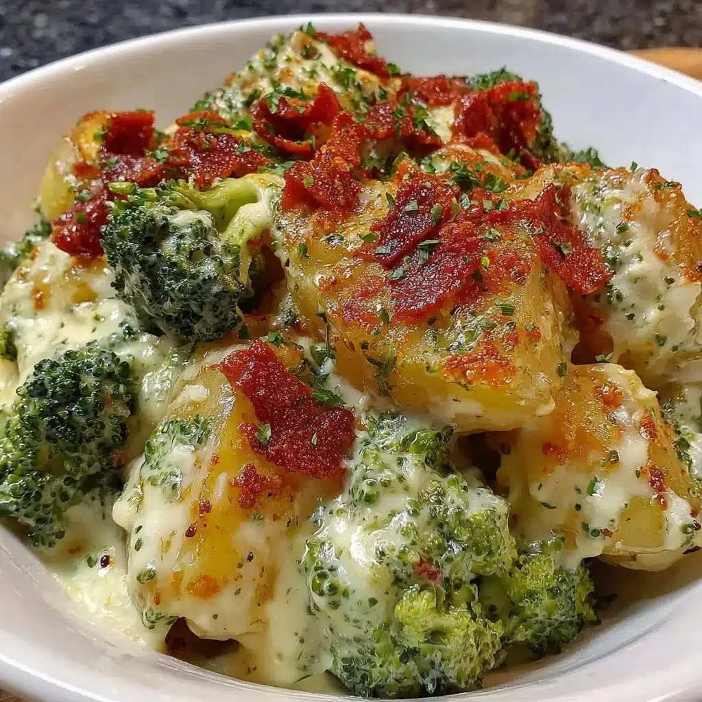 Cremige Brokkoli-Kartoffeln mit frischem Gemüse auf einem Teller