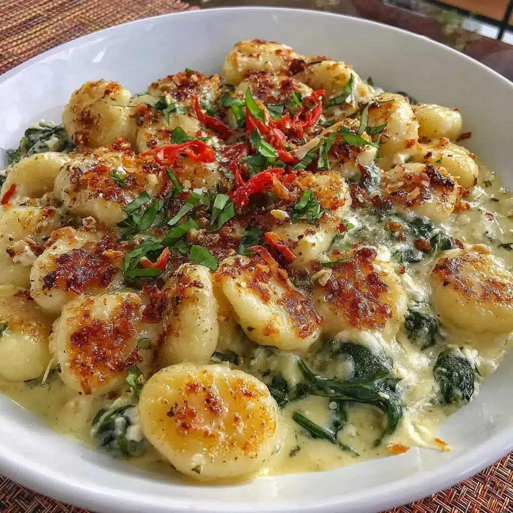 Cremige Gnocchi mit Spinat und Feta auf einem Teller serviert