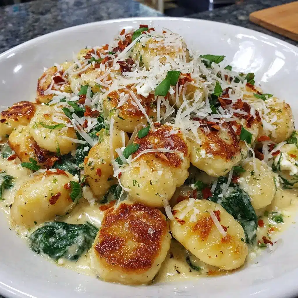 Cremige Gnocchi mit frisch sautiertem Spinat und Feta auf einem Teller