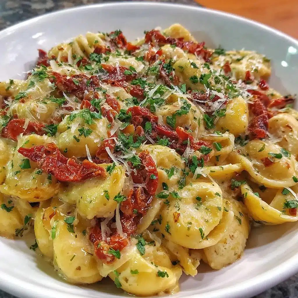 Cremige vegane Pasta mit getrockneten Tomaten auf einem Teller