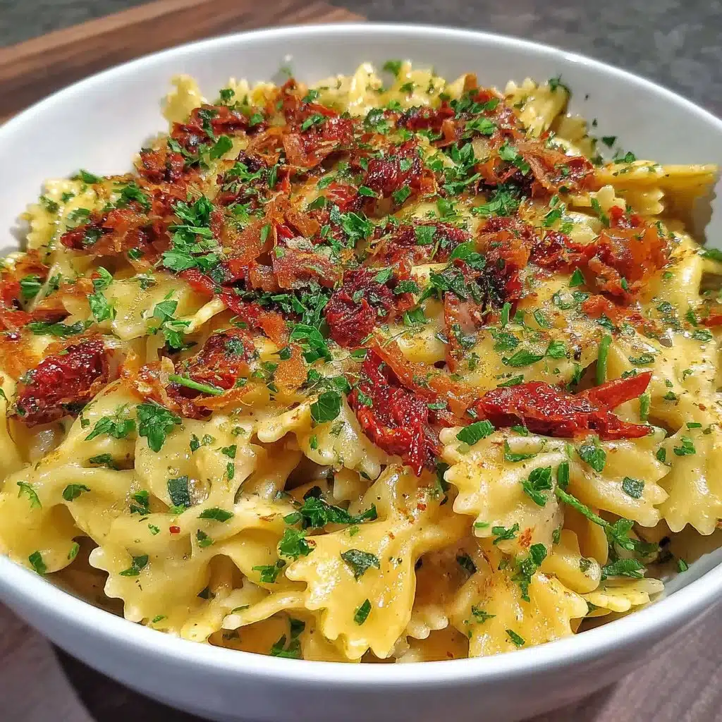 Cremige vegane Pasta mit sonnengetrockneten Tomaten auf einem Teller serviert.