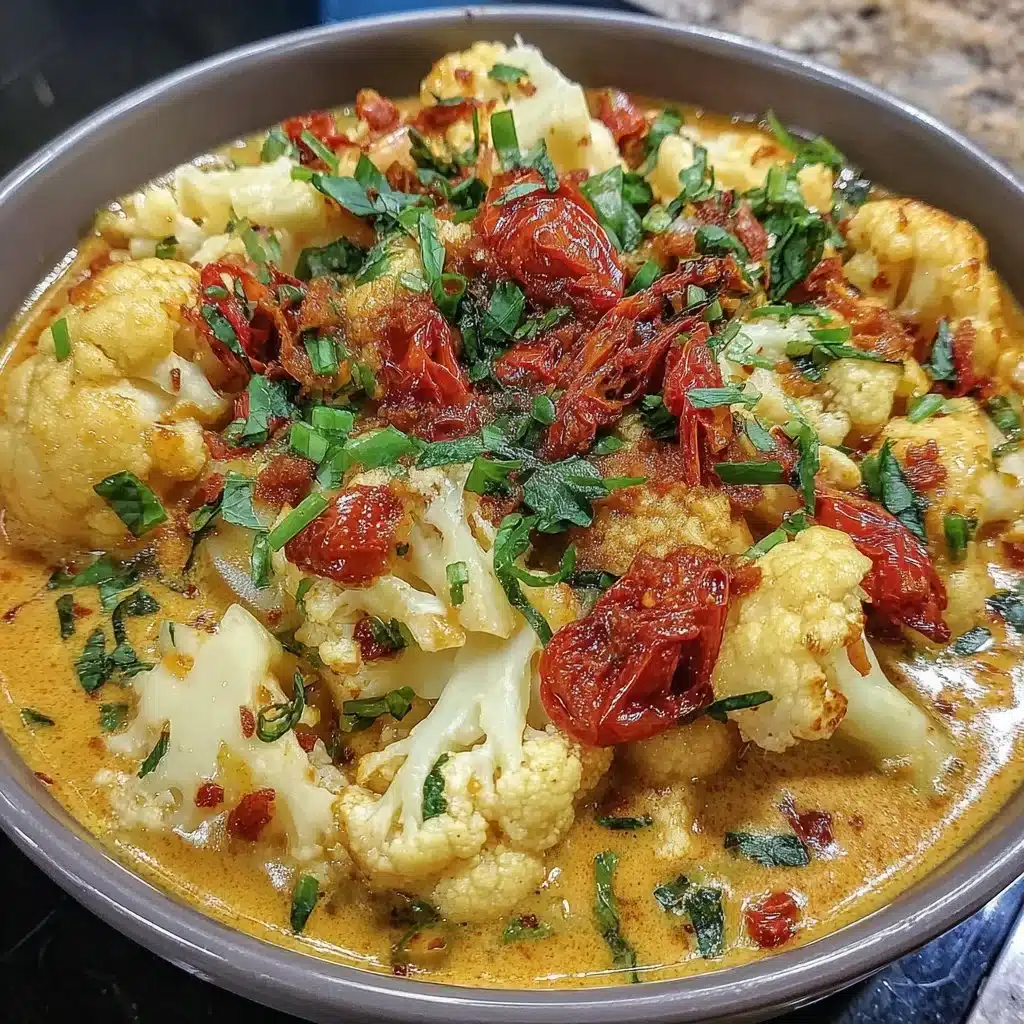 Cremiger Blumenkohl-Curry aus dem Backofen in einer Schüssel serviert