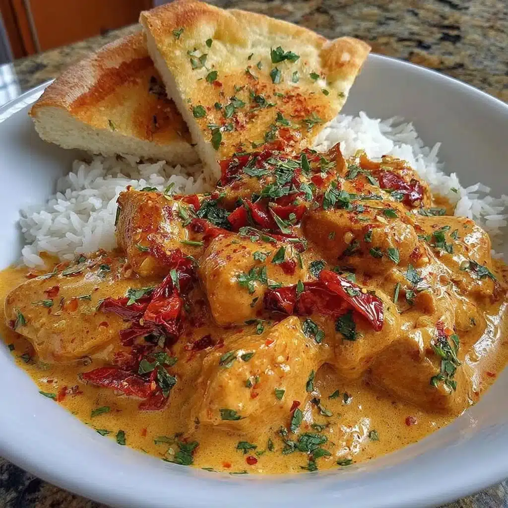 Eine köstliche Portion Butter Chicken auf einem Teller mit Reis und Gewürzen.