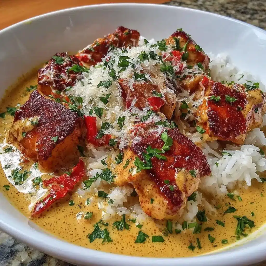 Eine leckere Portion Butter Chicken mit cremiger Sauce auf einem Teller.