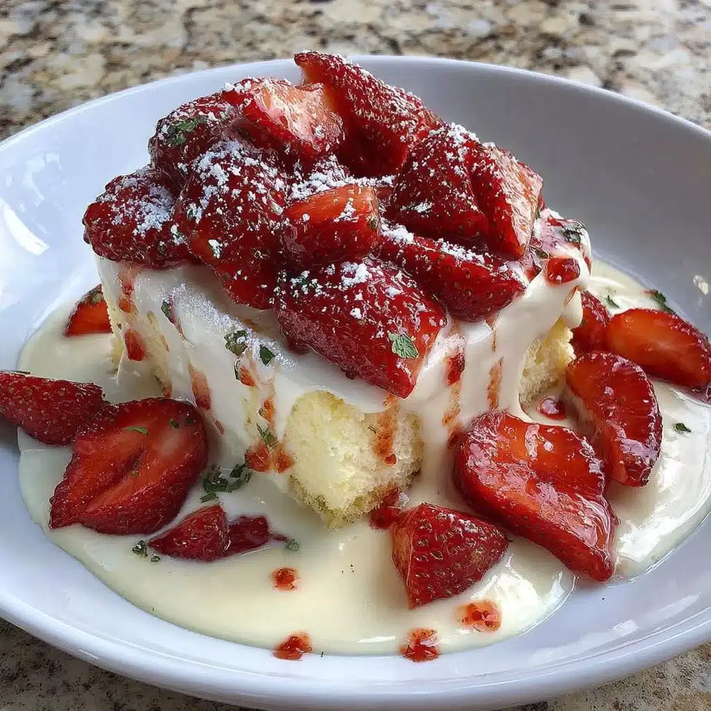 Erdbeerschnitten mit Pudding-Schmand-Creme auf einem Teller angerichtet.