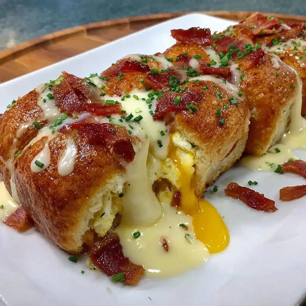 Gefüllte Frühstücksbrötchen mit Ei, Bacon und Käse auf einem Tisch