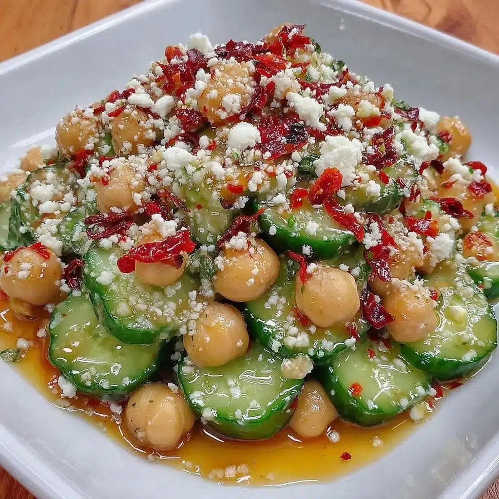 Gurkensalat mit Feta und Kichererbsen auf einem Teller
