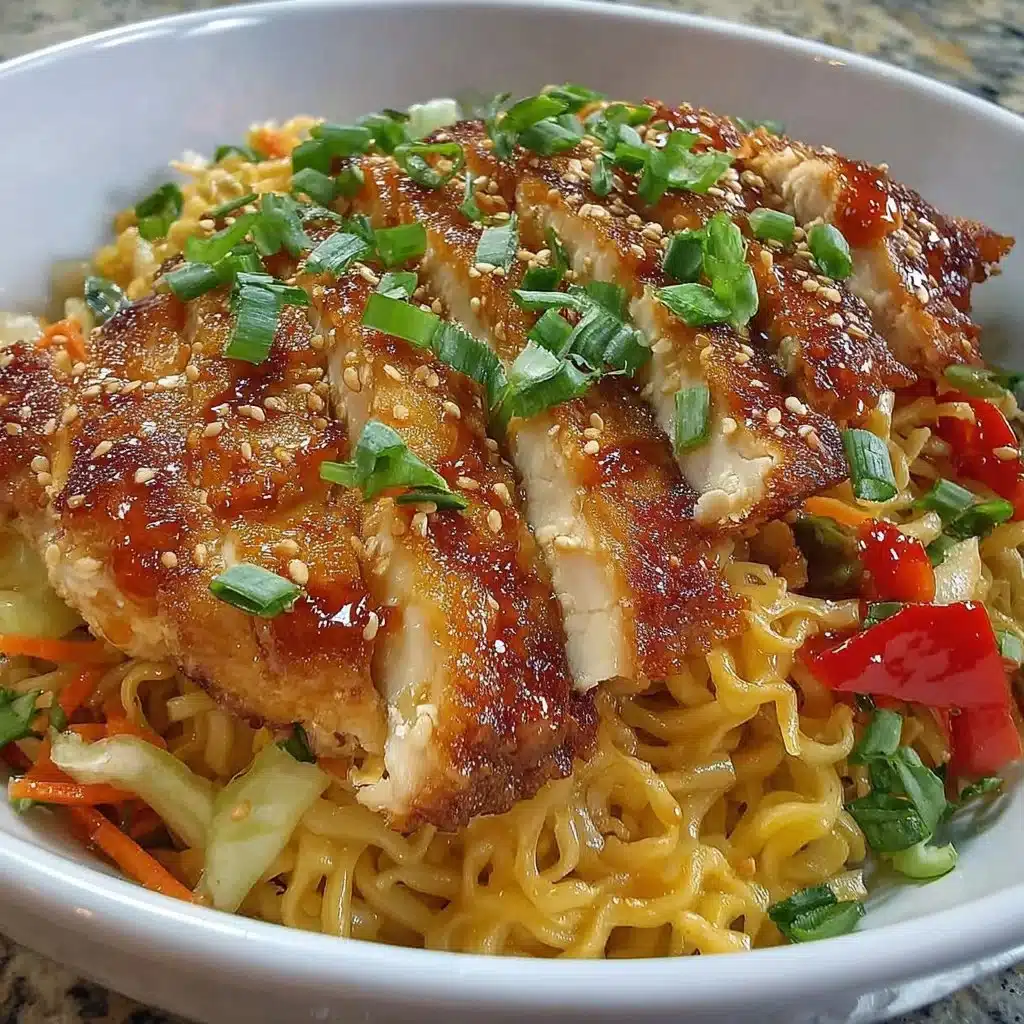 Hähnchen Teriyaki mit Nudeln auf einem Teller serviert