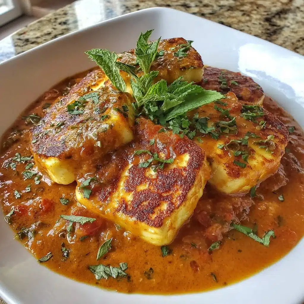 Halloumi Tikka Masala mit Gewürzen und frischen Zutaten auf einem Teller serviert