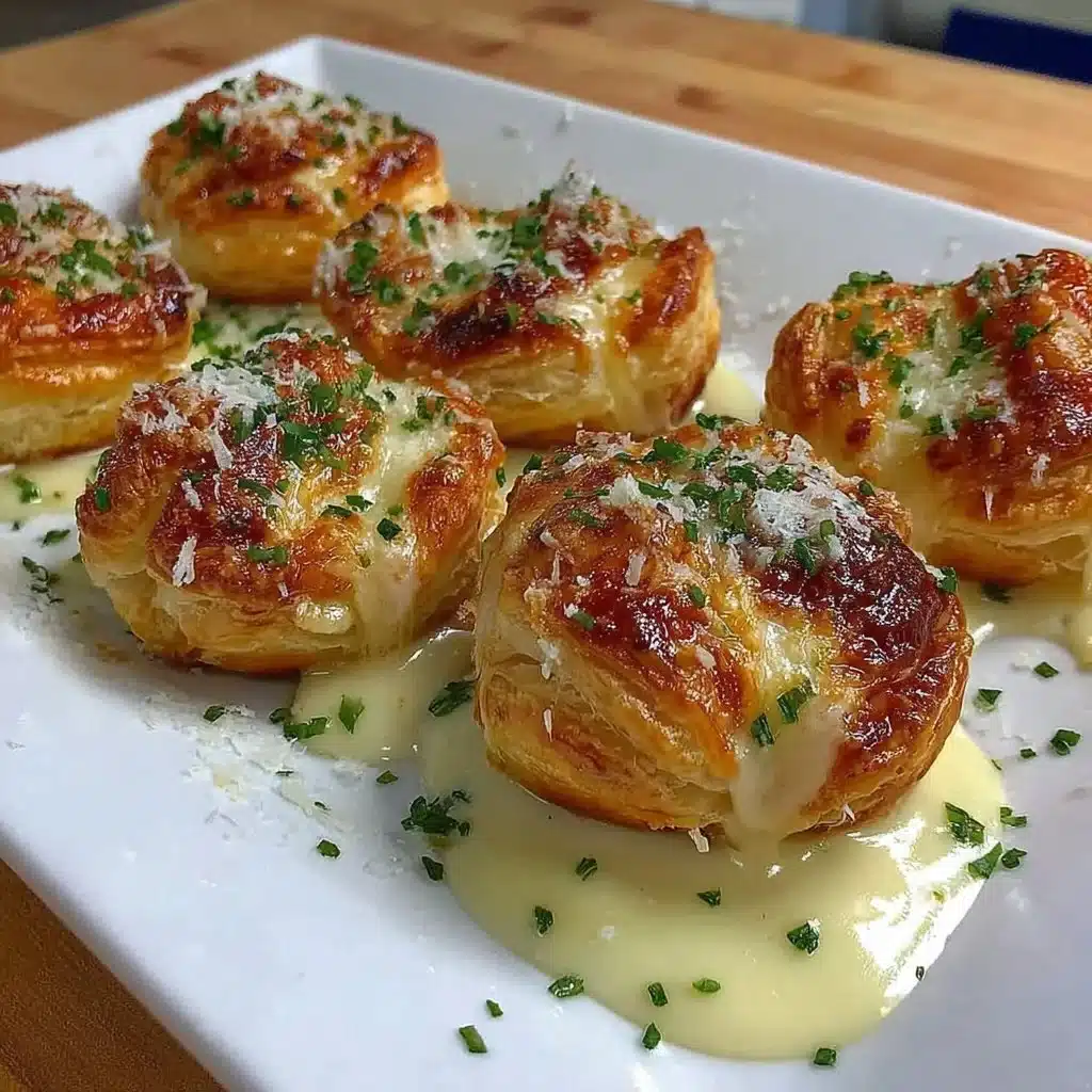 Herzhafte Blätterteig-Häppchen appetitlich angerichtet auf einem Teller