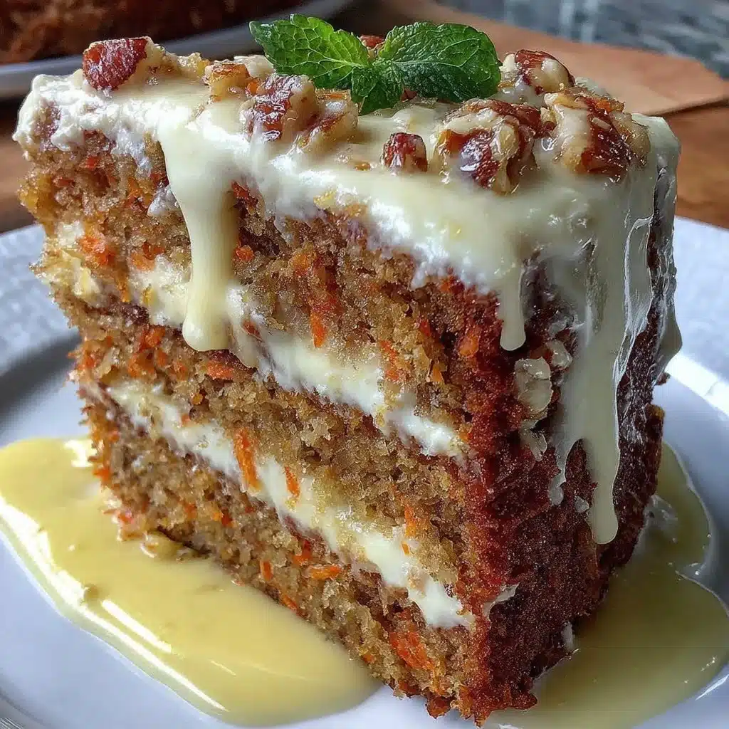 Karottenkuchen mit Frischkäse-Frosting auf einem Teller serviert