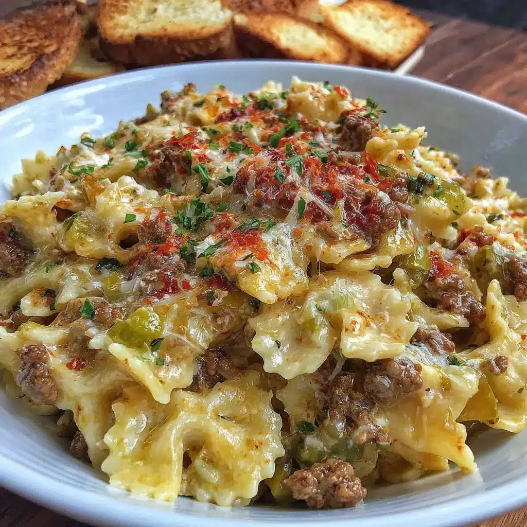 Käse-Lauch Pasta mit Hackfleisch auf einem Teller serviert