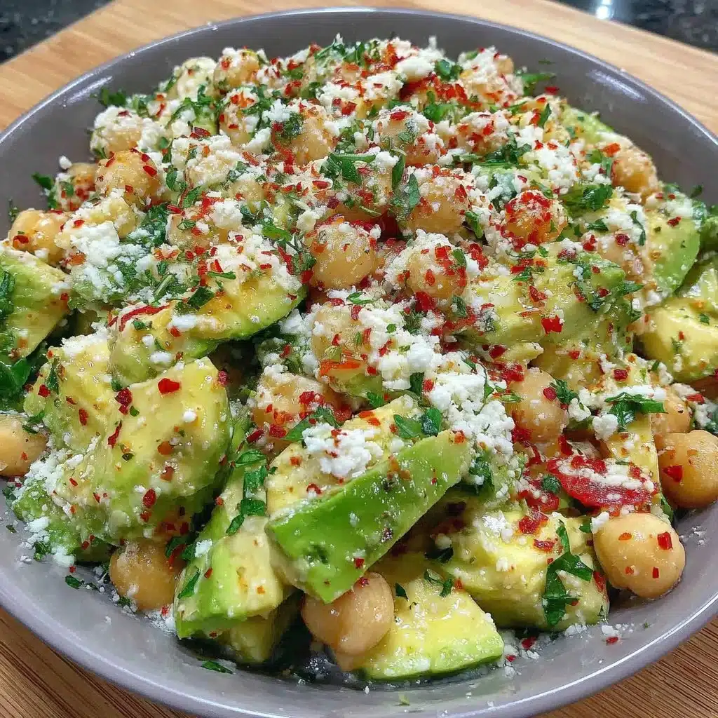 Kichererbsen-Feta-Avocado-Salat mit frischen Zutaten in einer Schüssel.