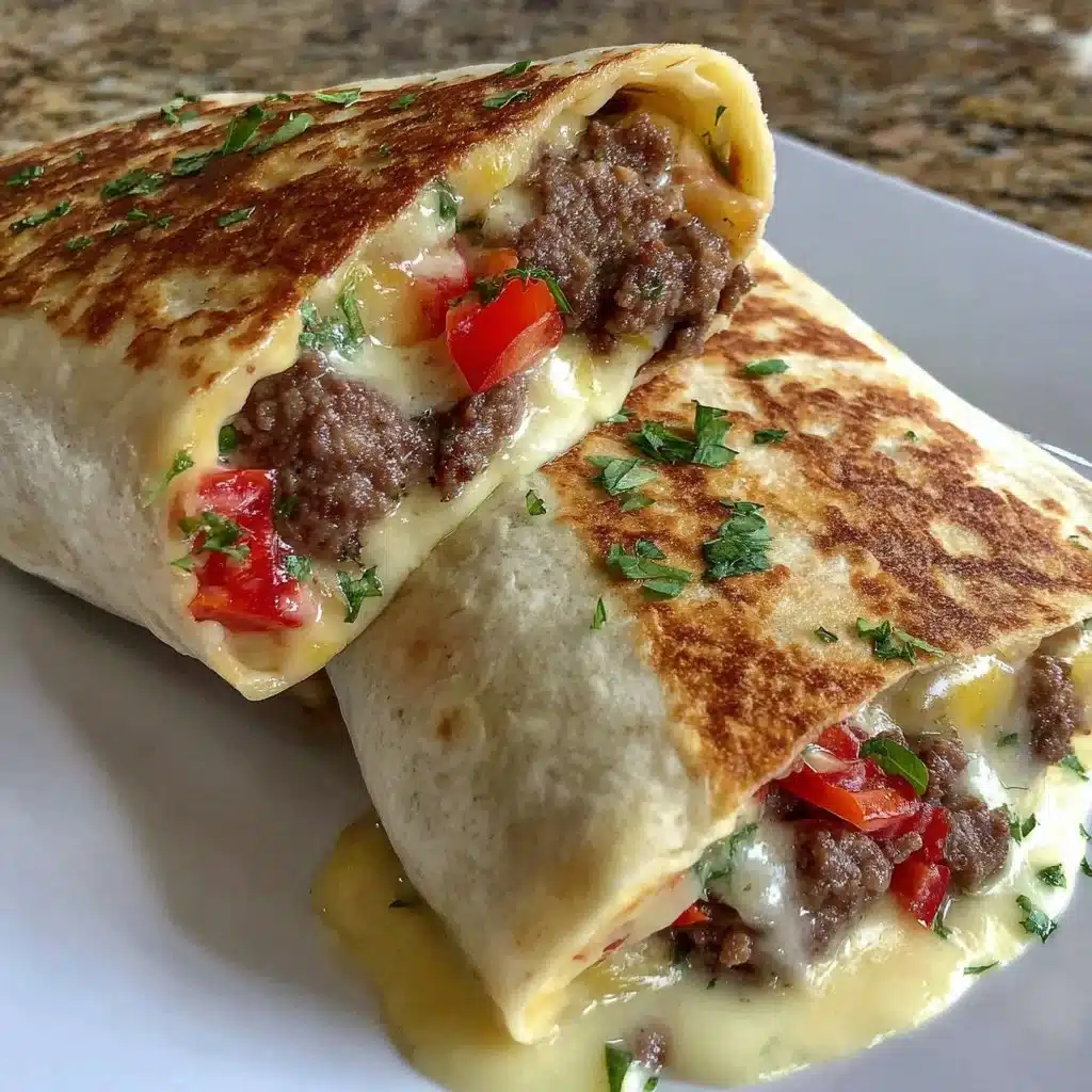 Ein überbackener Cheeseburger-Wrap in einer Luftfritteuse zubereitet.