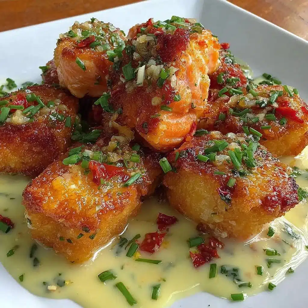 Luftfrittierte Honig-Knoblauch-Lachs-Bissen auf einem Teller angerichtet