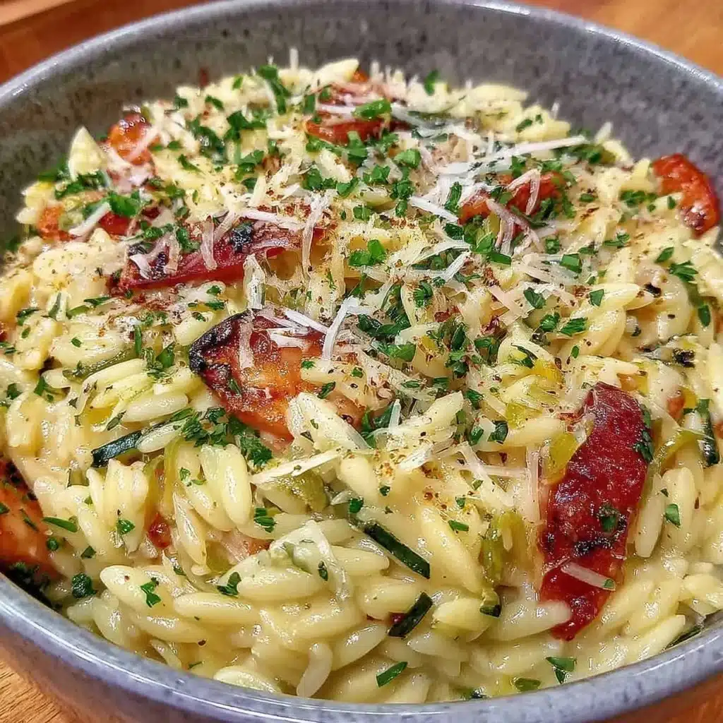 Mediterraner Orzo-Salat mit frischem Gemüse und Kräutern