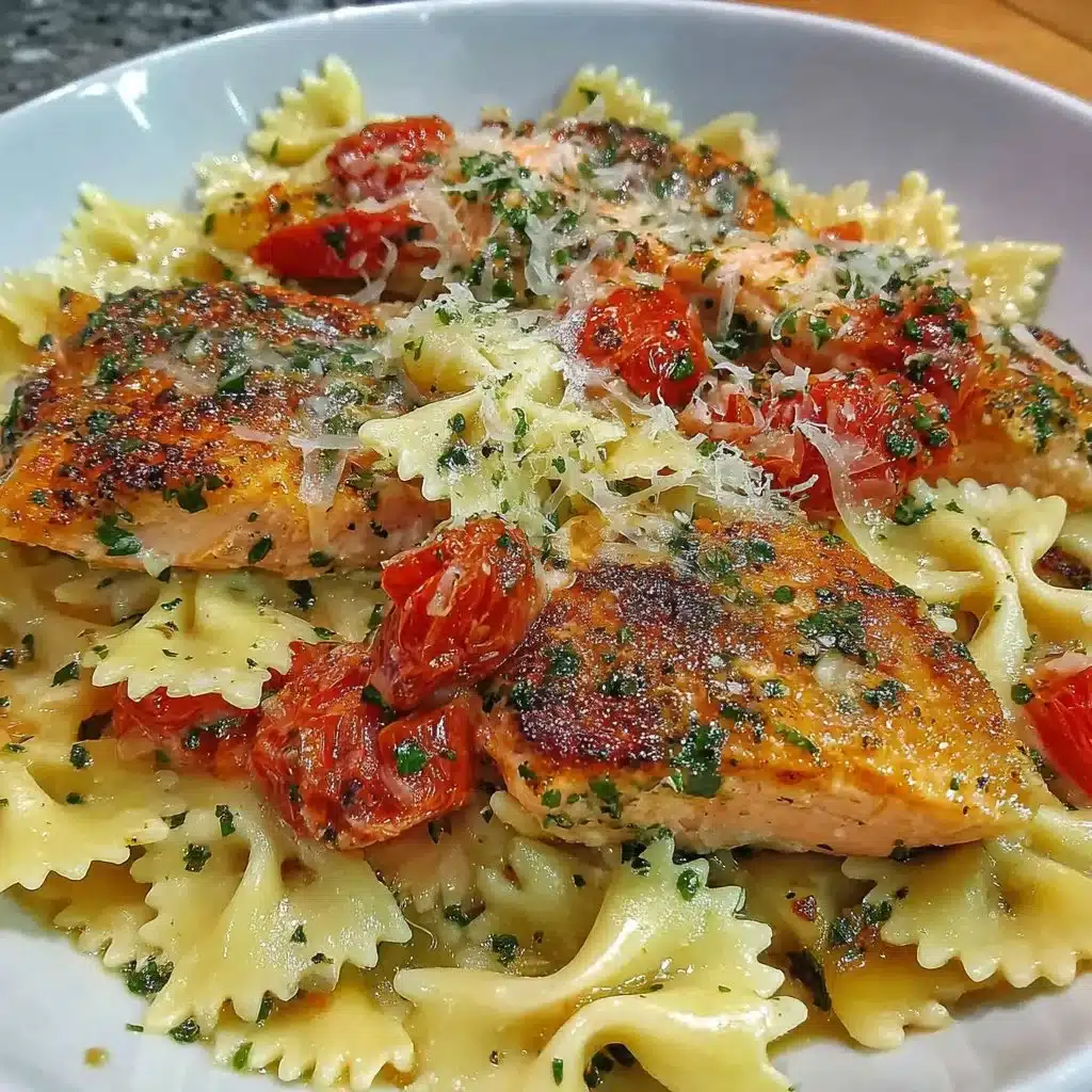 Ofen-Lachs-Pasta mit Tomaten auf einem Teller serviert