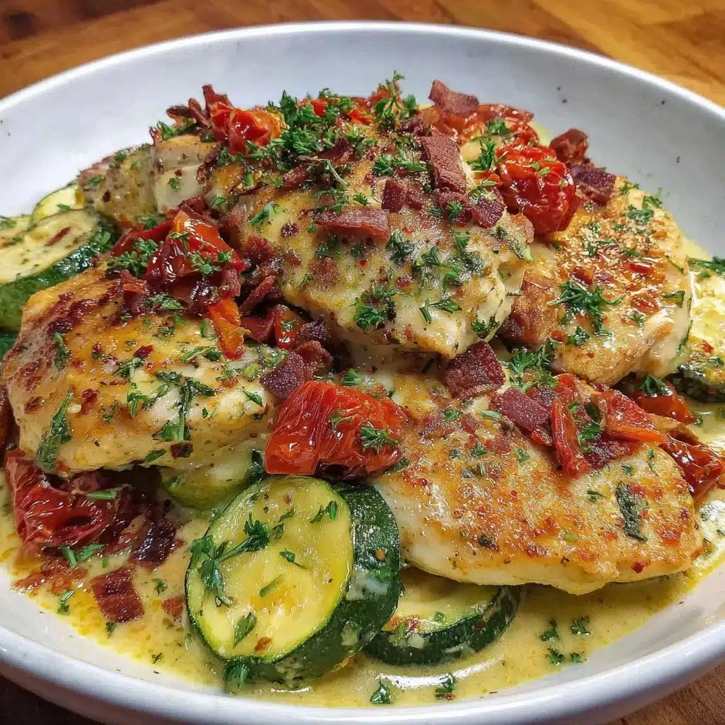 Paprika-Zucchini-Hähnchen mit Sahnesauce auf einem Teller serviert