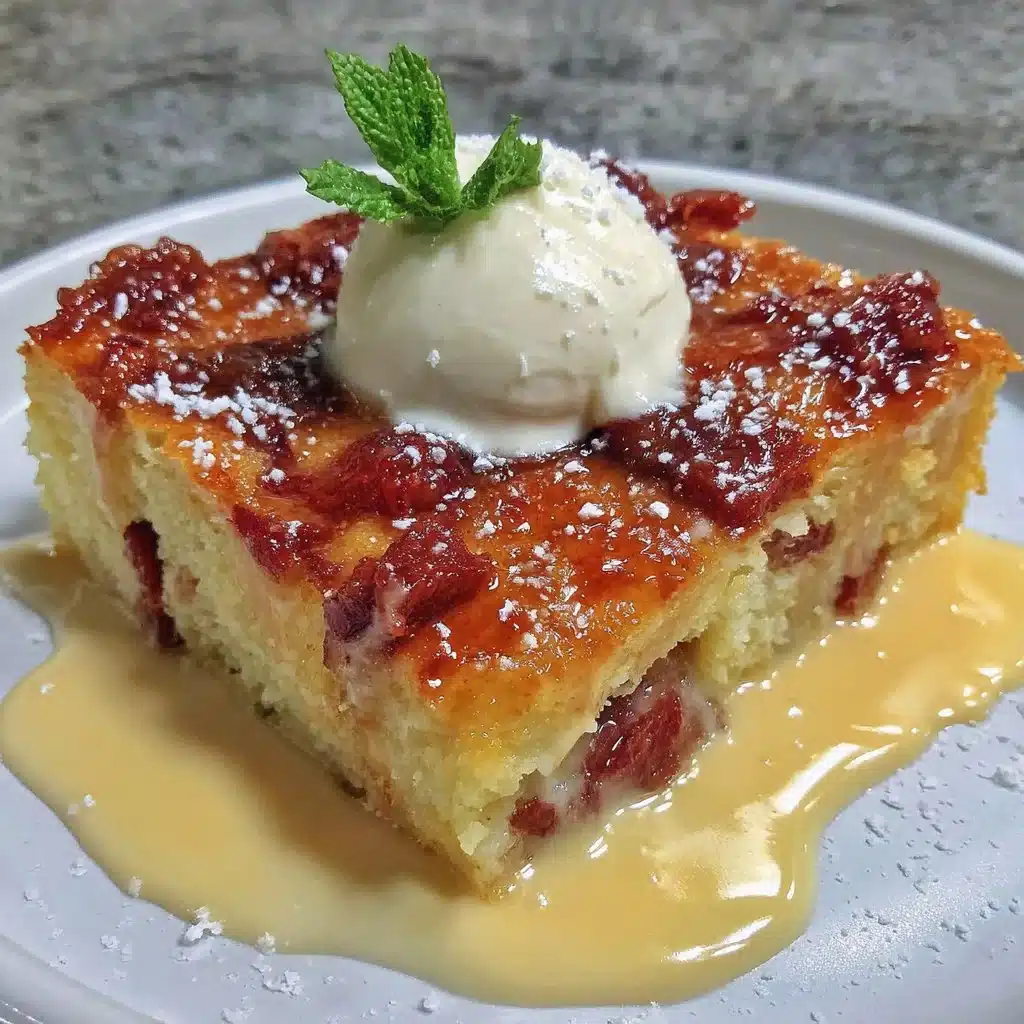 Rhabarber-Blechkuchen mit Vanillepudding auf einem rustikalen Holzbrett