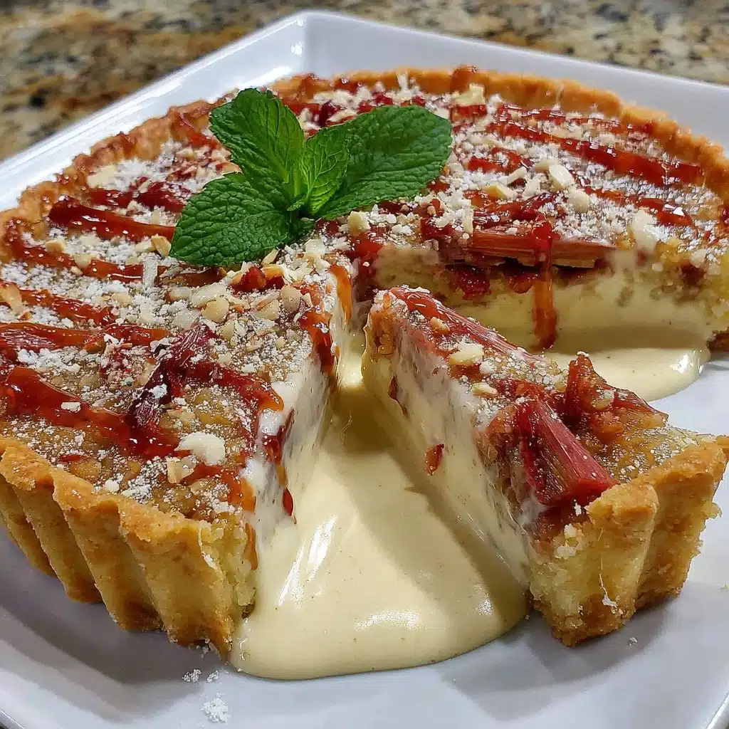 Rhabarber Tarte mit Mandelcreme auf einem hübschen Teller serviert