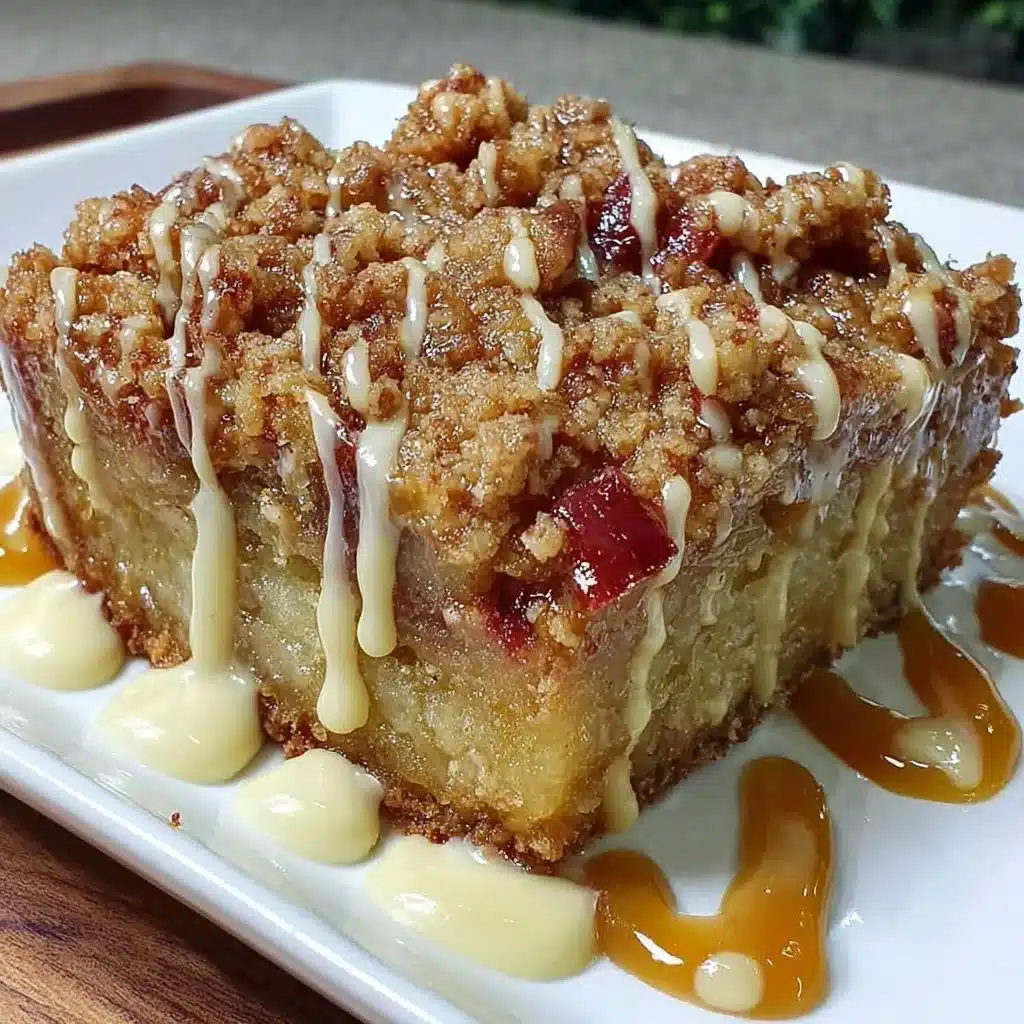 Rhabarberkuchen mit Streusel auf einem Teller serviert