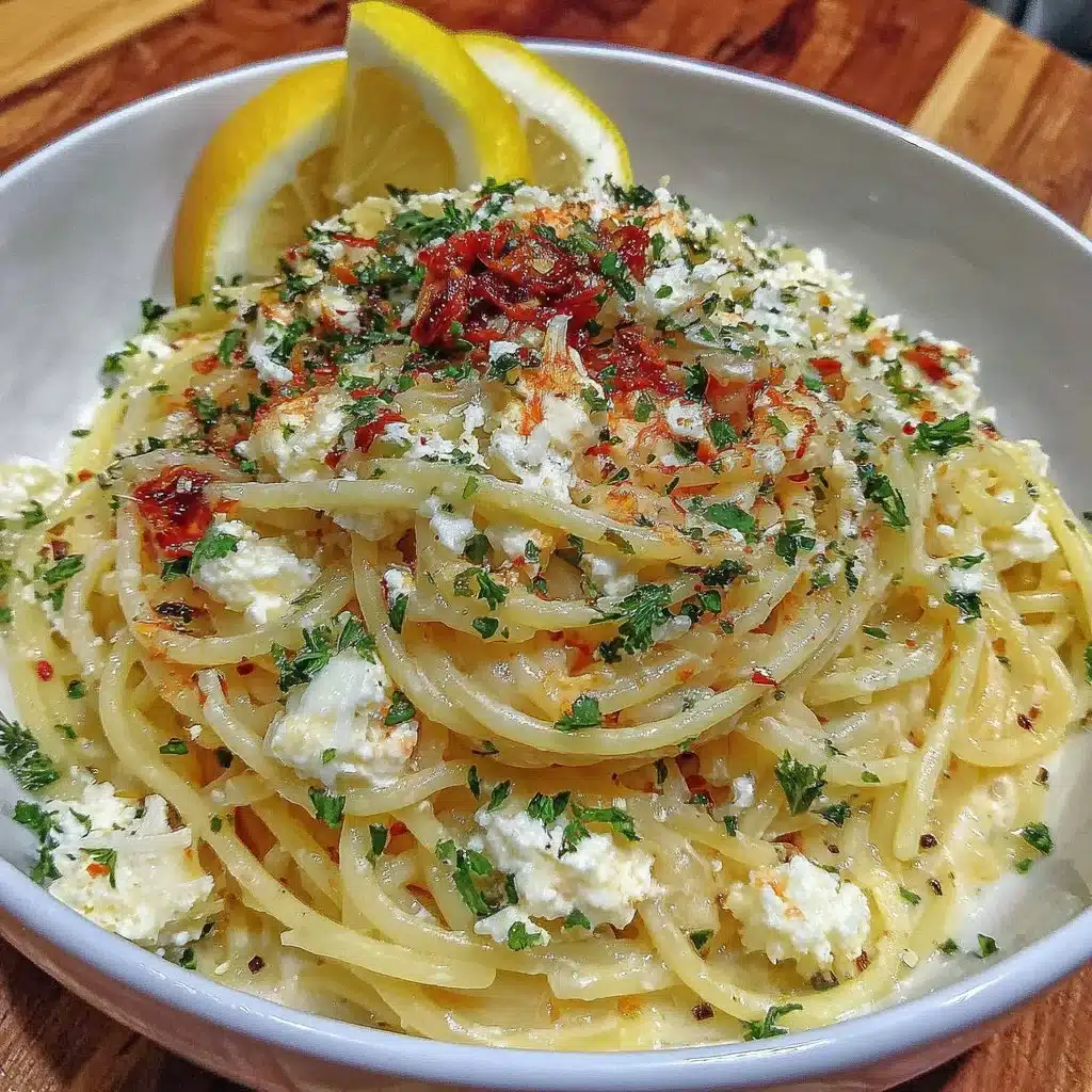 Spaghetti mit Feta und Zitrone auf einem Teller serviert