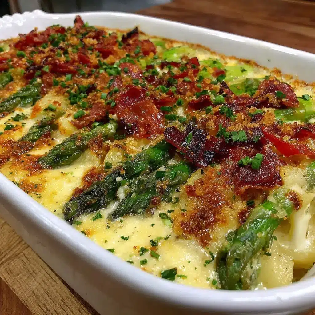 Spargelauflauf mit Schinken und Kartoffeln auf einem Teller serviert