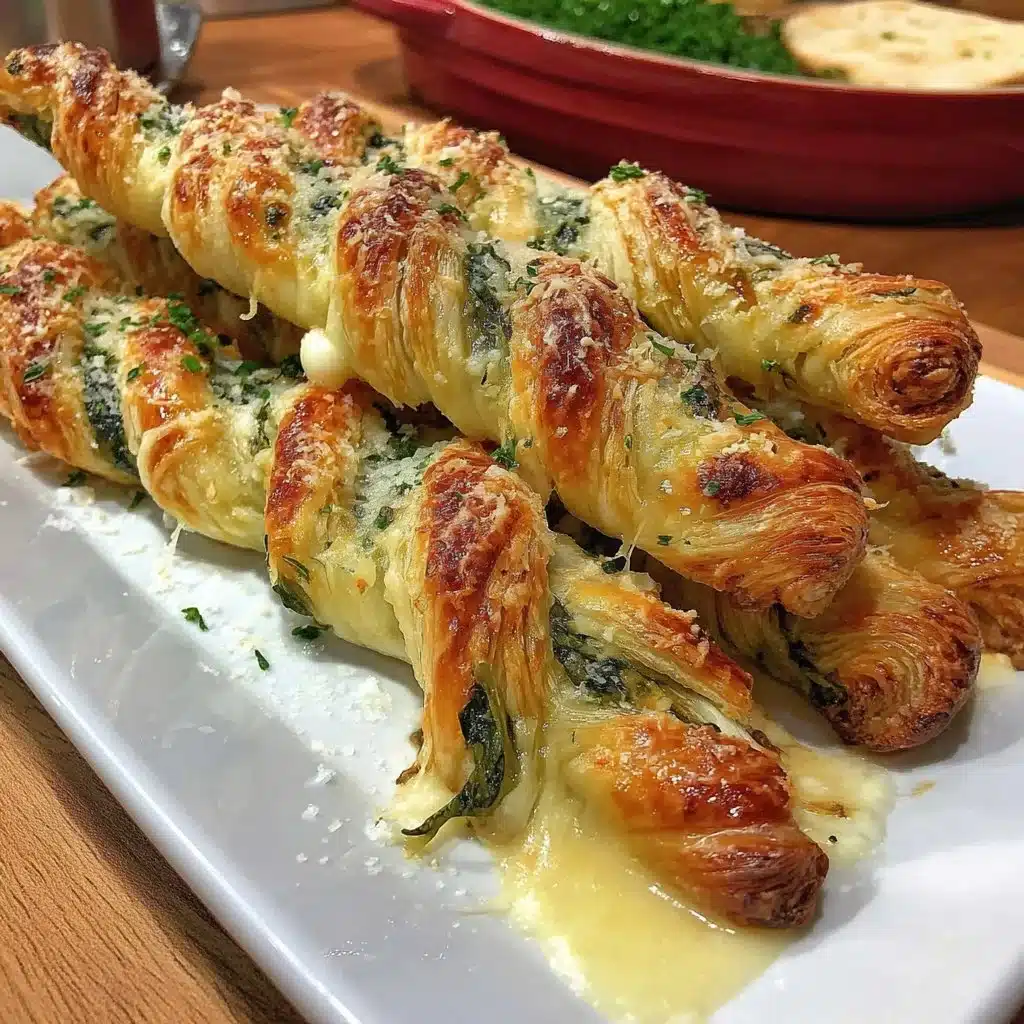 Spinat und Feta Blätterteig Twists auf einem Teller serviert.