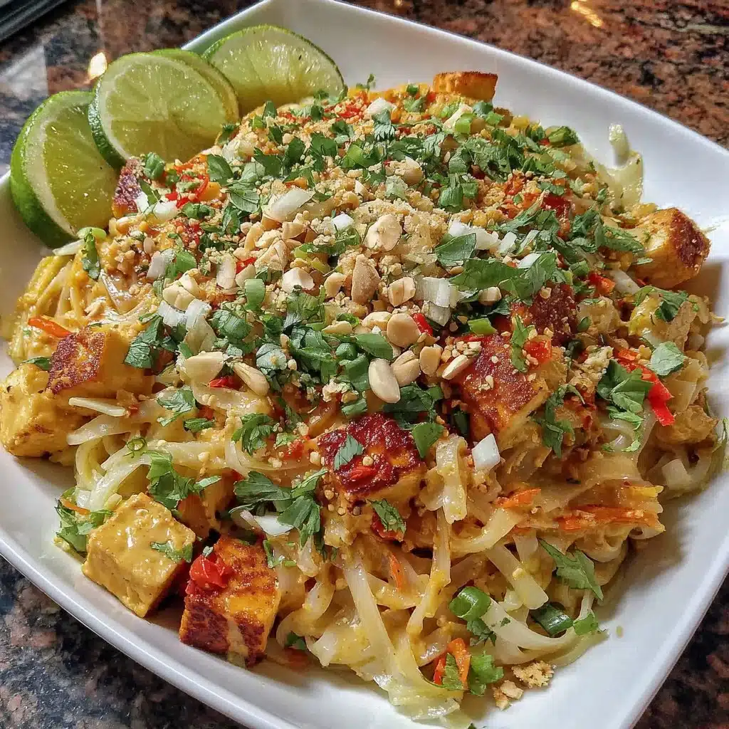 Veganes Pad Thai mit Tofu und cremiger Erdnusssauce, serviert in einer Schale