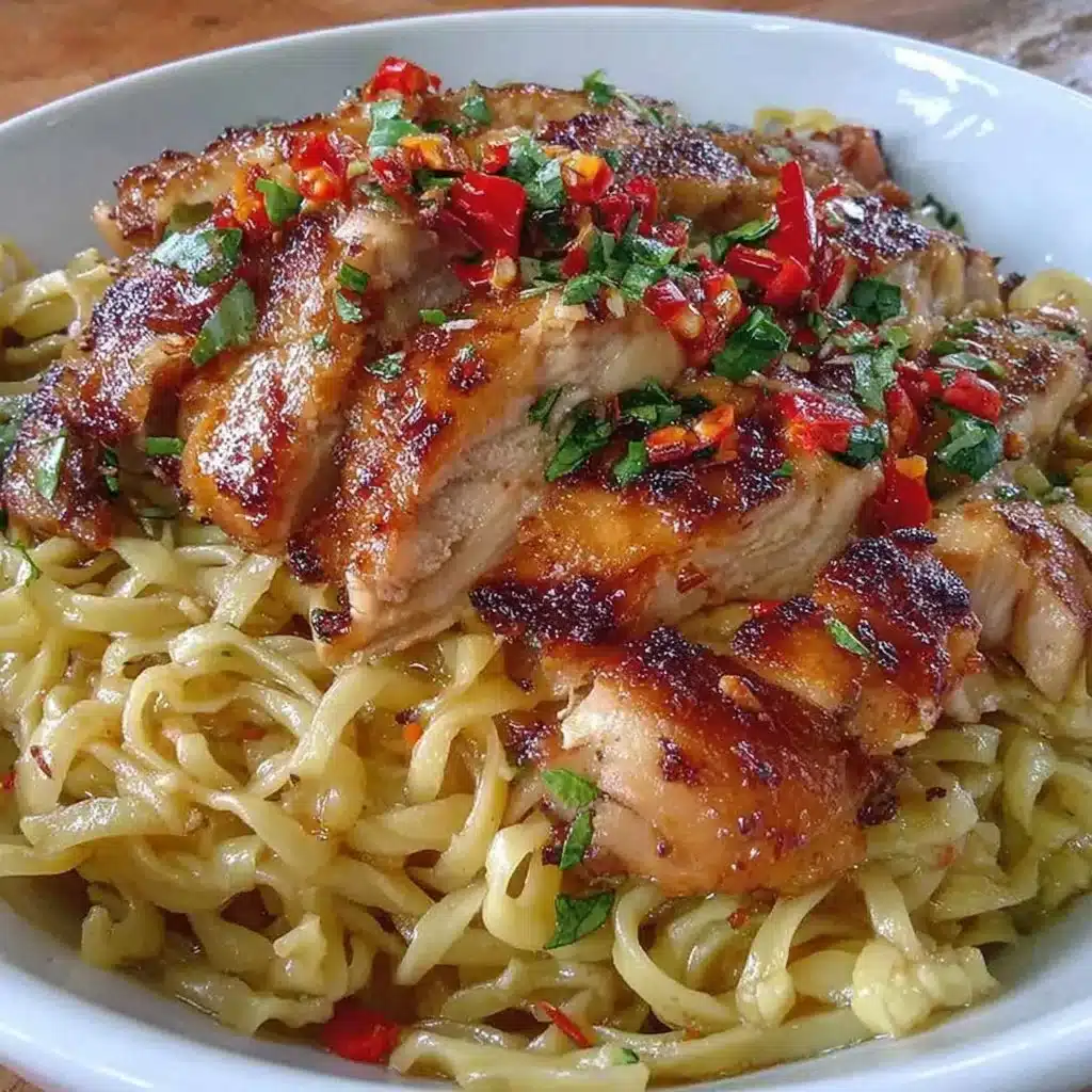 Würziges Teriyaki Hähnchen serviert mit Nudeln auf einem Teller