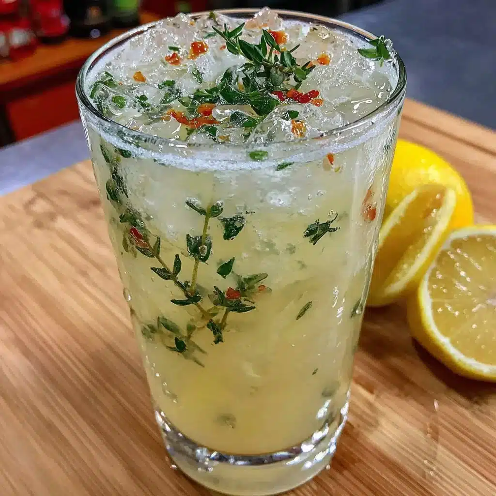 Glas mit Zitronen-Thymian-Limonade auf einem Holztisch