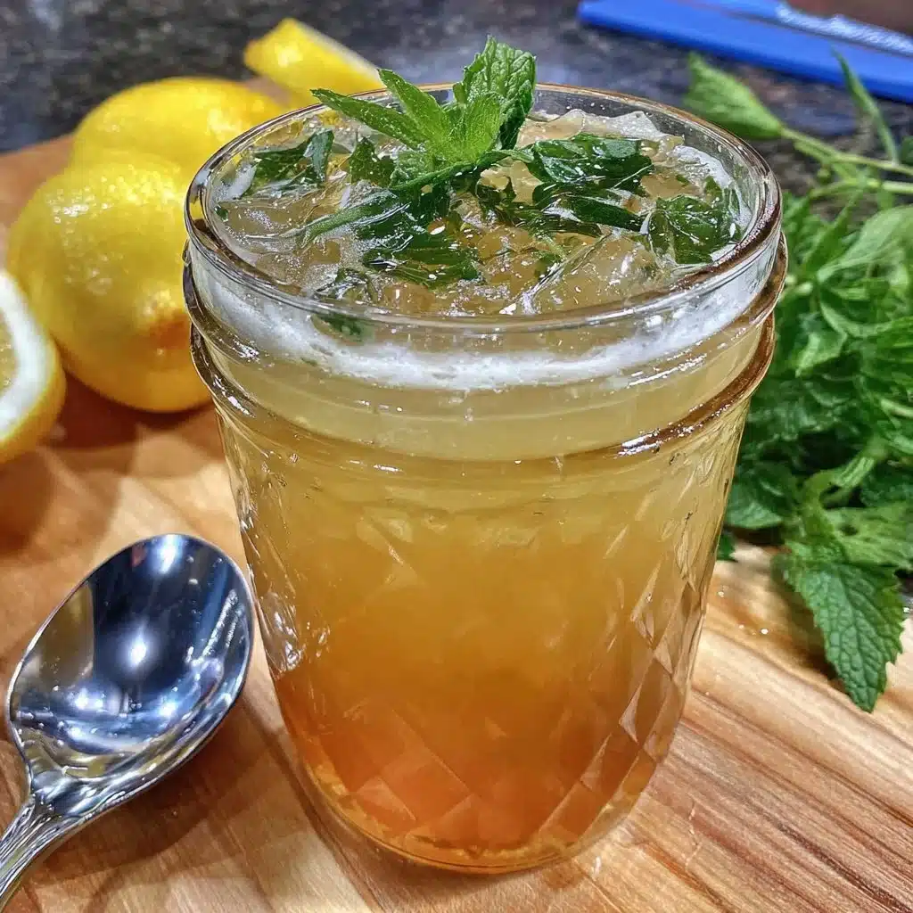 Flasche Zitronenmelisse Sirup auf einem Holztisch mit frischen Zitronenmelisse Blättern.